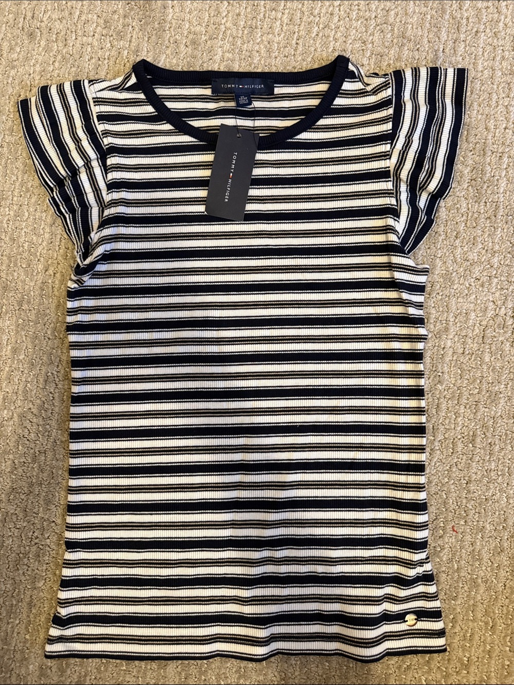 Tommy Hilfiger Navy and White Striped Ribbed Short Sleeve Tee